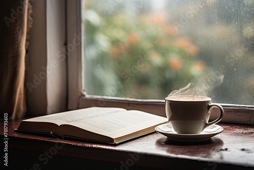 Cup of coffee and book on a wooden table by the window, AI Generated