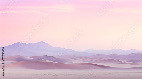 A gentle fusion of pastel pinks and soft lavenders illustrating a serene desert at dusk, sand dunes in delicate shades.