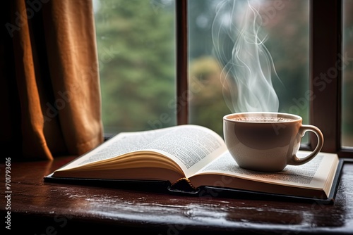 Cup of coffee and book on the windowsill at rainy day, AI Generated