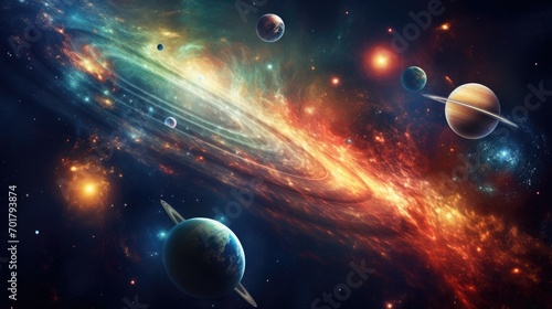 Planets of the solar system against the background of a spiral galaxy in space. Elements of this image furnished by NASA,