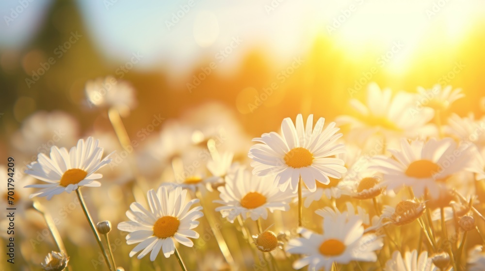
Beautiful chamomile flowers in meadow. Spring or summer nature scene with blooming daisy in sun flares