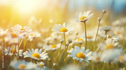  Beautiful chamomile flowers in meadow. Spring or summer nature scene with blooming daisy in sun flares © chaynam