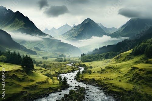 Photo of a serene mountain landscape with misty peaks. Generative AI photo