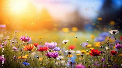  Colorful flower meadow with sunbeams and bokeh lights in summer - nature background banner with copy space - summer greeting card wildflowers spring concept