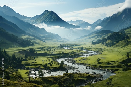 Photo of a serene mountain landscape with misty peaks. Generative AI