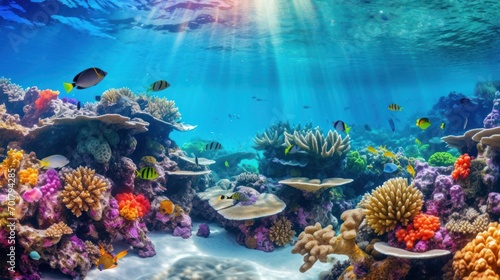  Beautiful underwater scenery with various types of fish and coral reefs