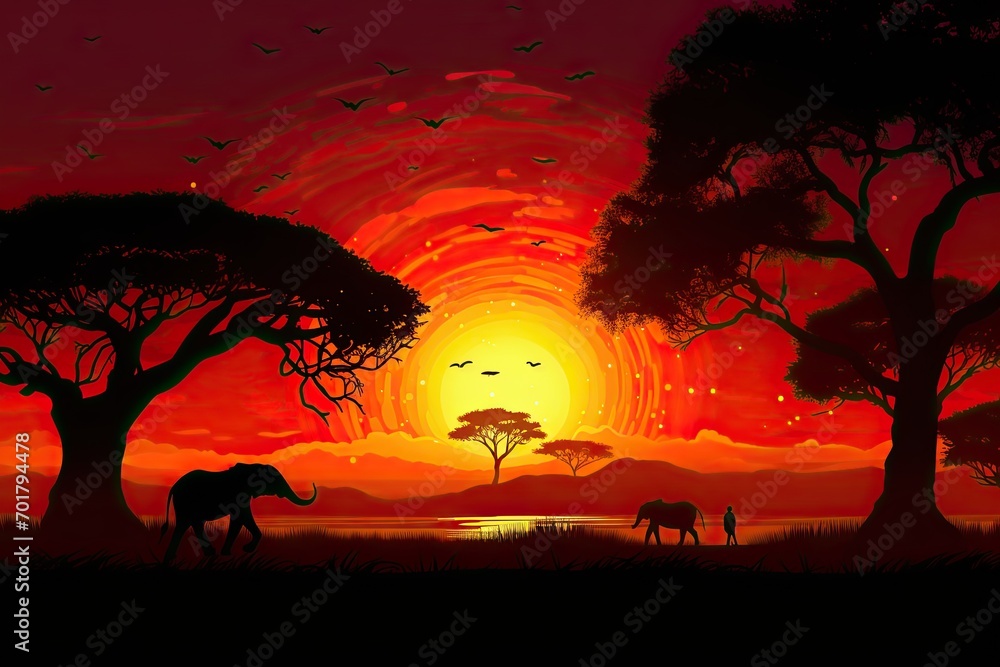African landscape with elephants at sunset. Vector illustration for your design, AI Generated