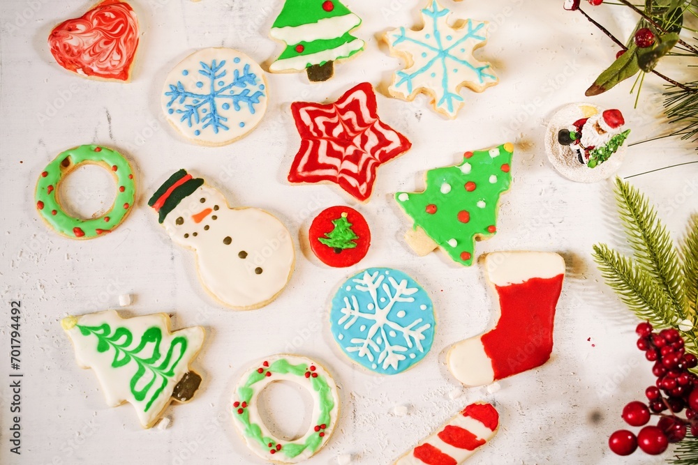 Homemade decorated assorted holiday sugar cookies, selective focus