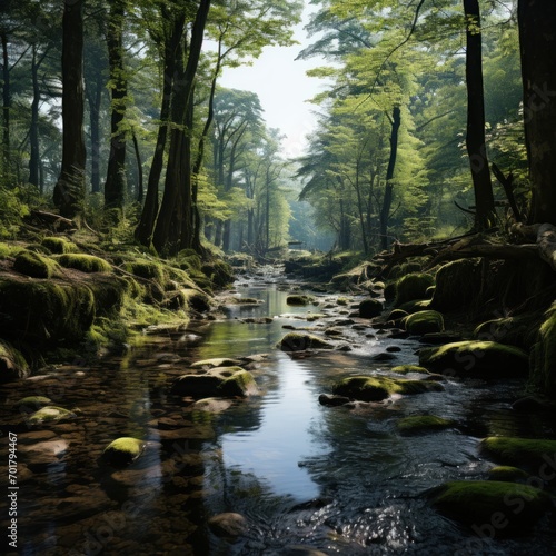Photo of a serene nature scene with a running stream. Generave AI