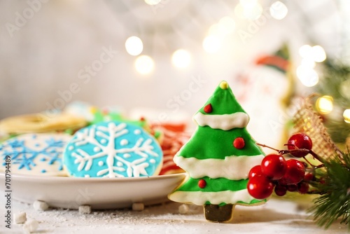 Homemade decorated assorted holiday sugar cookies, selective focus