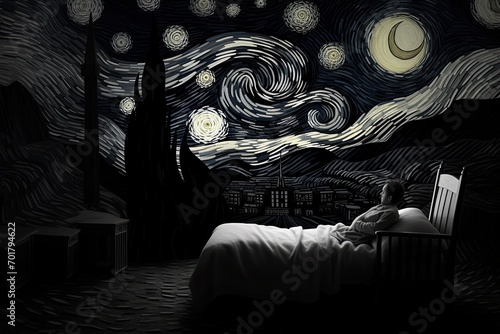 Man in bed with a laptop in his hand. Night landscape, AI Generated