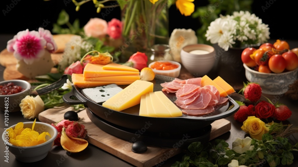  a variety of cheeses, meats, and fruit are arranged on a cutting board in front of a bouquet of flowers.