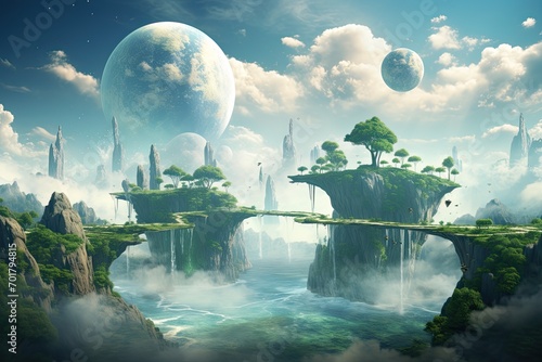 Fantasy landscape with planet. 3d illustration. Elements of this image furnished by NASA, AI Generated