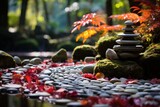 Photo of a tranquil Zen rock garden with pebbles. Generative AI