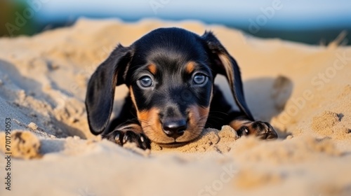 Beautiful dog of dachshund, black and tan, buried in the sand at the beach sea on summer vacation