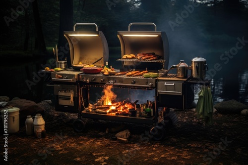 Barbecue grill at night in the forest. Cooking food on fire, AI Generated