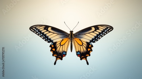  a close up of a butterfly flying in the air with a light blue back ground and a light blue sky in the background.