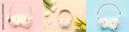 Collage of headphones with beautiful flowers on color background, top view photo