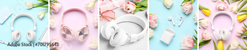 Collage of headphones with office stationery and flowers on color background, top view photo