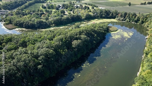 Beautiful green countryside landscape with Apple farm growing in New York State in summer season under blue sky