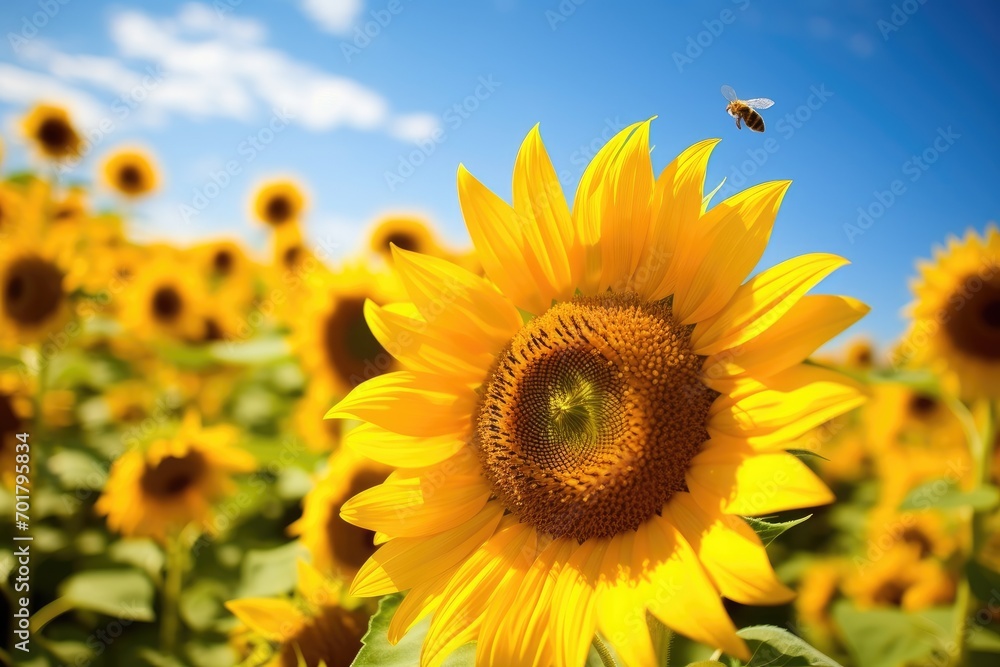 Honey bees on sunflowers in the field, closeup, Busy bees collecting pollen from a field of sunflowers, AI Generated Honey bees on sunflowers in the field, closeup, Busy bees collecting pollen from a field of sunflowers, AI Generated