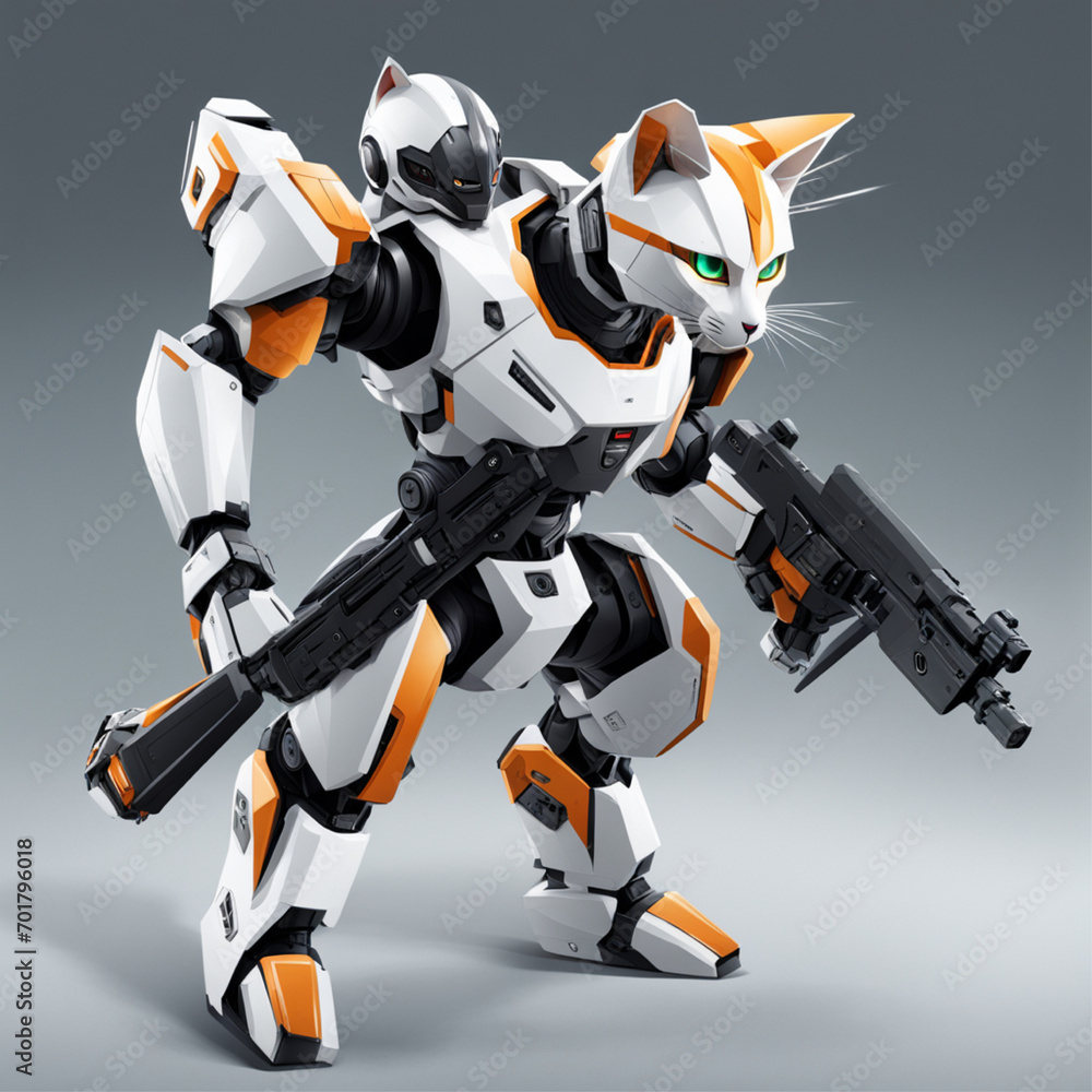 Realistic illustration of a robot cat showing its entire body, using a weapon Realistic illustration of a robot cat showing its entire body, using a weapon