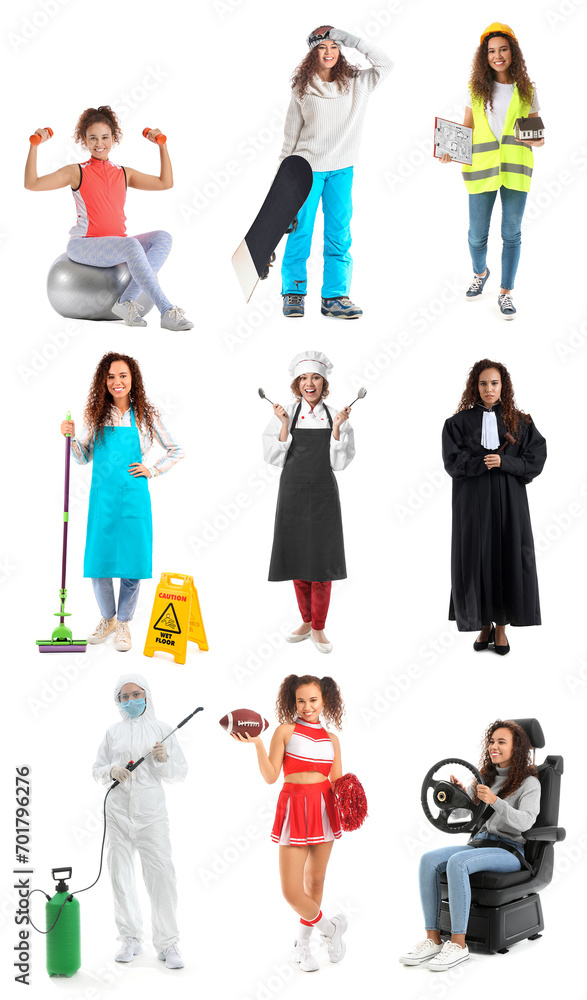 Collection of young African-American woman from different professions on white background