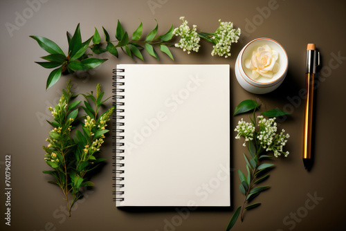 Flat lay with copy space of empty notebook on the table and flowers and a cup of coffee on a dark background