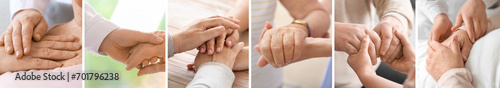 Set of hands of elderly people and caregivers, closeup photo