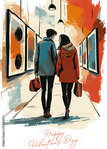 Young couple visiting the art gallery together and looking at the paintings. Valentine's Day concept, vector illustration
