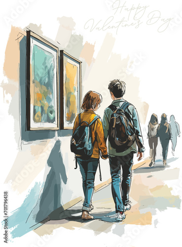 Young couple visiting the art gallery together and looking at the paintings. Valentine's Day concept, vector illustration