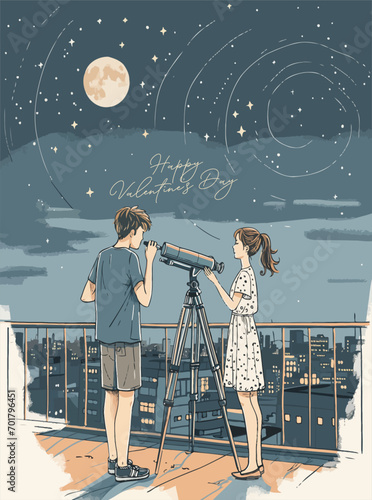 Young couple examining the sky together through a telescope. Valentine's Day concept, vector illustration