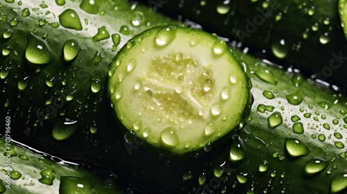  a cucumber with water droplets on it and a slice of cucumber with water droplets on it.