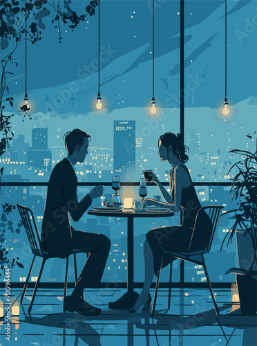 Young couple drinking wine at a romantic table. Valentine's Day concept, vector illustration