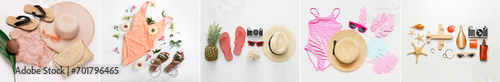 Collage of beach accessories with travelling supplies on light background