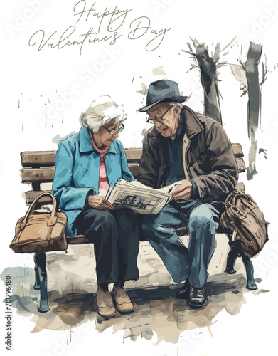 Old couple sitting on a bench in the park and reading the newspaper. Valentine's Day concept, vector illustration