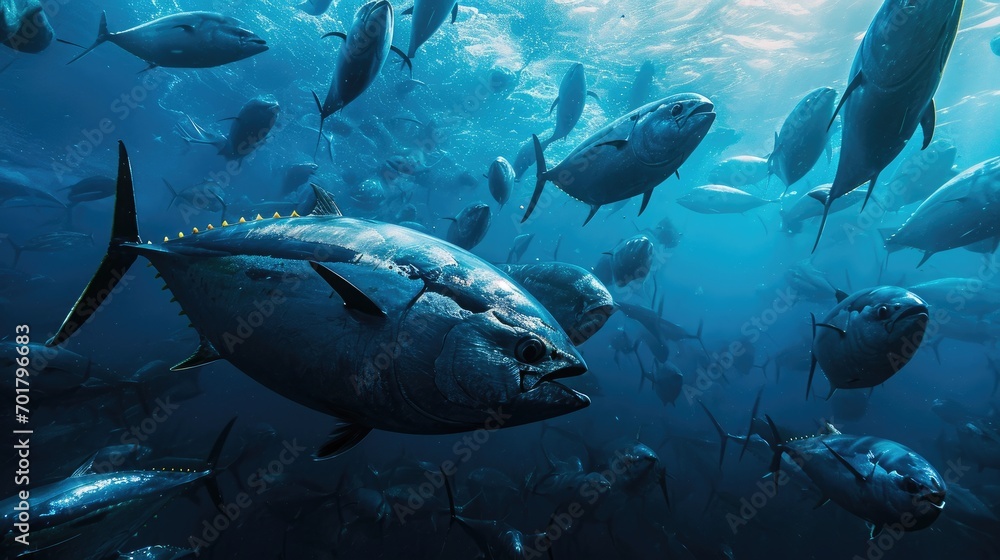 Fototapeta premium Massive of group of tuna in the deep water of sea
