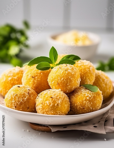 Traditional Brazilian cheese bread balls on the white plate on the white table. close-up