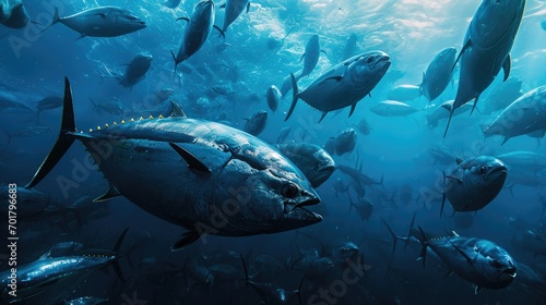 Massive of group of tuna in the deep water of sea