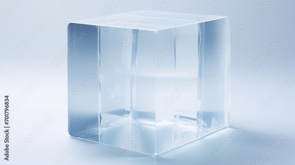 a clear cube shaped object sitting on top of a white surface with a light reflection on the side of it. a clear cube shaped object sitting on top of a white surface with a light reflection on the side of it.