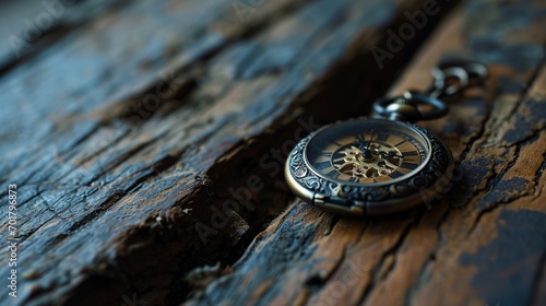 Vintage Pocket Watch with Ornate Design on Aged Wooden Surface, Capturing the Essence of Time and History