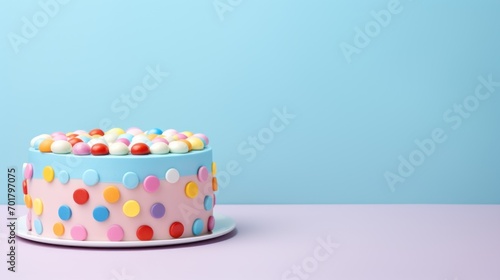  a multicolored cake with sprinkles on a white plate on a pink table with a blue background.