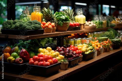 Big choice of fresh fruits and vegetables on market counter photo