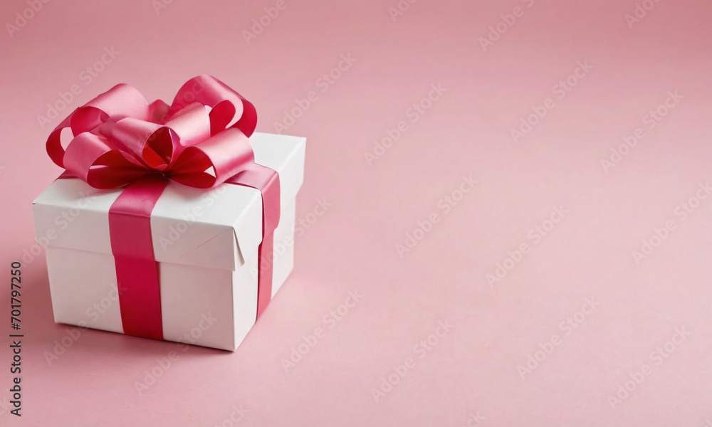 White box with a pink bow on a pink background White box with a pink bow on a pink background