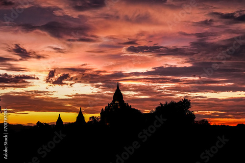 Sunset Pagoda landscape in the plain of Bagan  Myanmar  Burma 