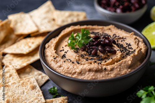 Close-up of black bean hummus dip with nachos on the dark table photo