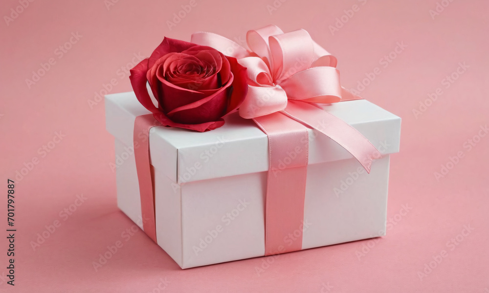 White box with a pink ribbon and a red rose