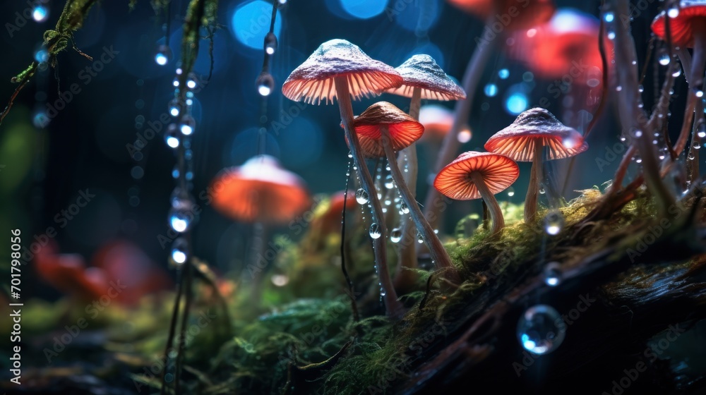 a group of mushrooms sitting on top of a lush green forest covered in raindrops on top of a moss covered forest floor. a group of mushrooms sitting on top of a lush green forest covered in raindrops on top of a moss covered forest floor.