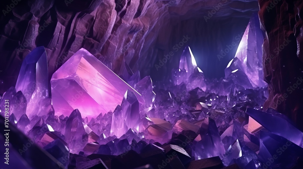 A fantasy amethyst minerals cave with an abstract background of gems and crystals is portrayed in 3d. - obrazy, fototapety, plakaty 