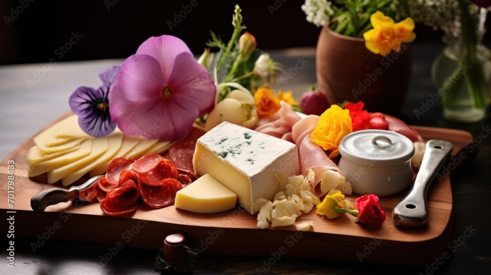 a variety of cheeses, meats, and flowers on a cutting board with a can of yogurt. a variety of cheeses, meats, and flowers on a cutting board with a can of yogurt.